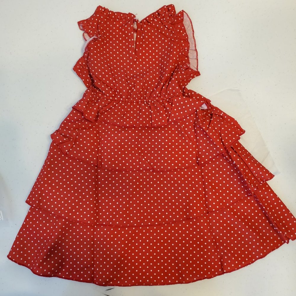 SHEIN Red Toddler Girls Polka Dot Ruffle Neck Layered Dress - Picture 2 of 4